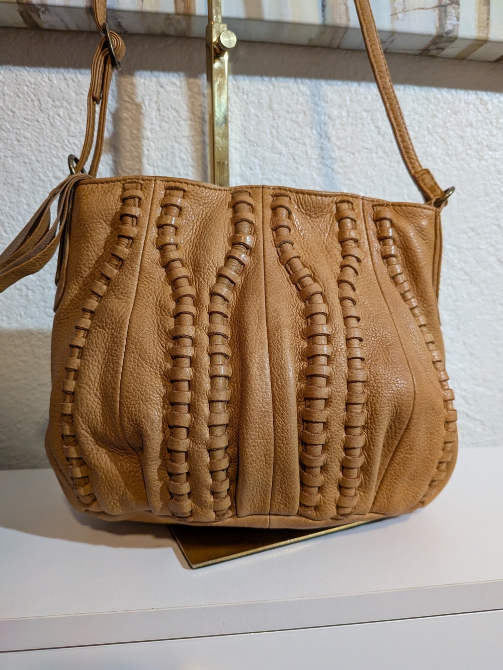 Anthropologie Day & Mood Tan Leather Woven-Trim Shoulder Crossbody Bag